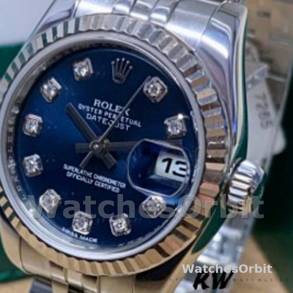 Replique Rolex Datejust-179174, 26mm, cadran bleu diamant, lunette cannelée, Lady Blue, pour femme