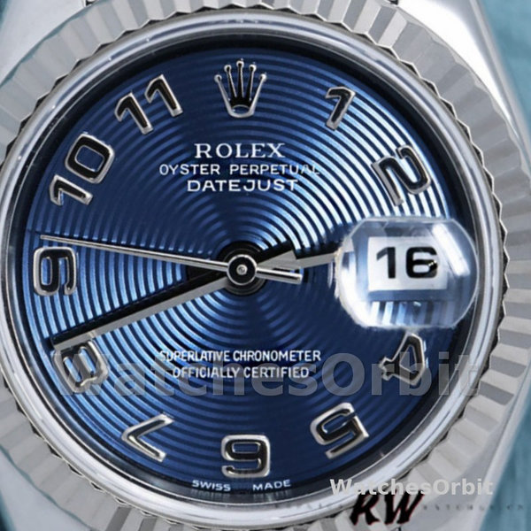 Replique Rolex Datejust-179174 pour femme, 26 mm, cadran bleu à cercle concentrique, lunette cannelée, Lady Blue