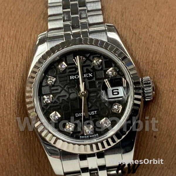 Replique Rolex Datejust-179174, 26mm, Jubilee Cadran diamant noir, lunette cannelée, Lady Black pour femme