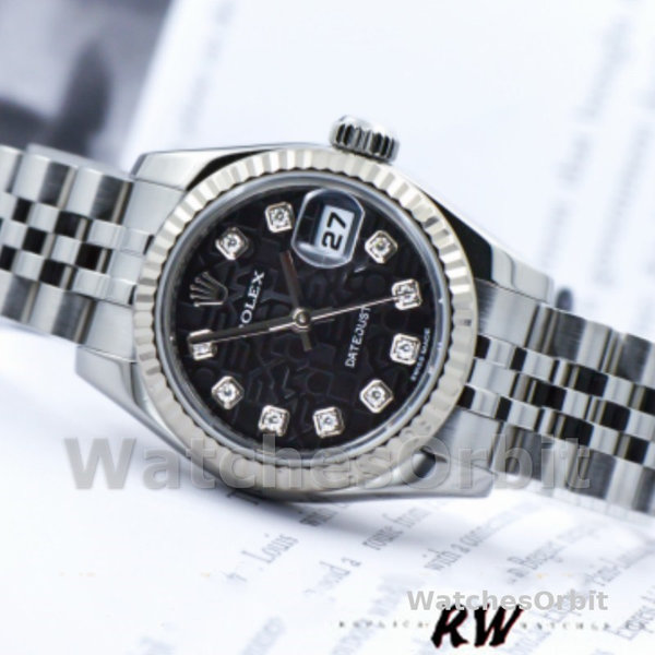 Replique Rolex Datejust-179174, 26mm, Jubilee Cadran diamant noir, lunette cannelée, Lady Black pour femme