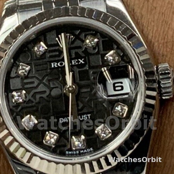 Replique Rolex Datejust-179174, 26mm, Jubilee Cadran diamant noir, lunette cannelée, Lady Black pour femme