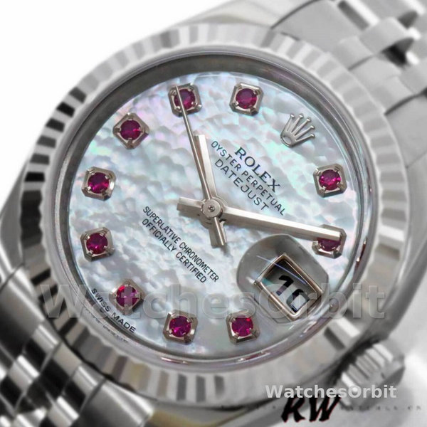 Replique Rolex Datejust-179174, 26mm, cadran blanc nacre, lunette cannelée, Lady MOP pour femme