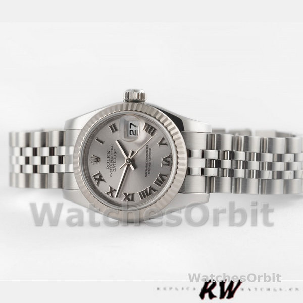 Replique Rolex Datejust-179174 pour femme, 26mm, cadran gris rhodium, lunette cannelée, Lady gris rhodium