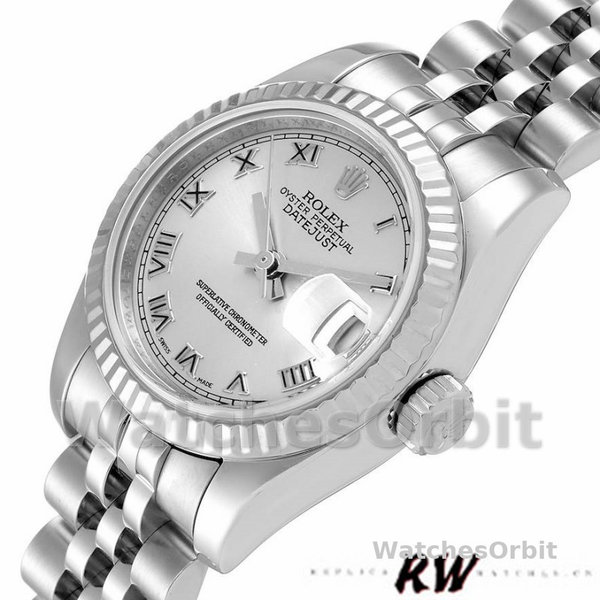 Replique Rolex Datejust-179174 pour femme, 26mm, cadran romain argenté, lunette cannelée, Lady Silver
