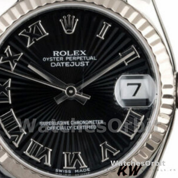 Replique Rolex Datejust-179174 pour femme, 26 mm, cadran romain noir Sunbeam, lunette cannelée, Lady Black