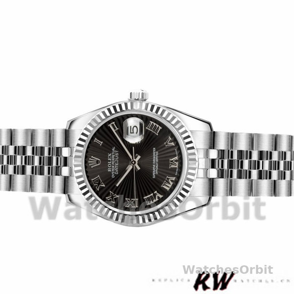 Replique Rolex Datejust-179174 pour femme, 26 mm, cadran romain noir Sunbeam, lunette cannelée, Lady Black