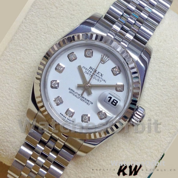 Replique Rolex Datejust-179174, 26mm, cadran diamant blanc, lunette cannelée, Lady White pour femme