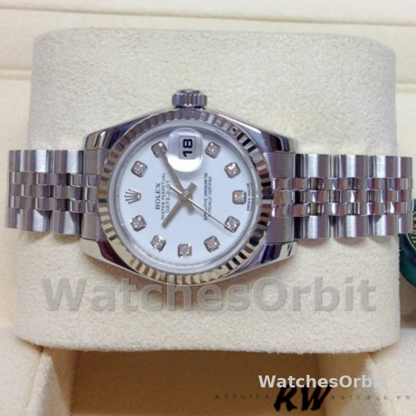 Replique Rolex Datejust-179174, 26mm, cadran diamant blanc, lunette cannelée, Lady White pour femme