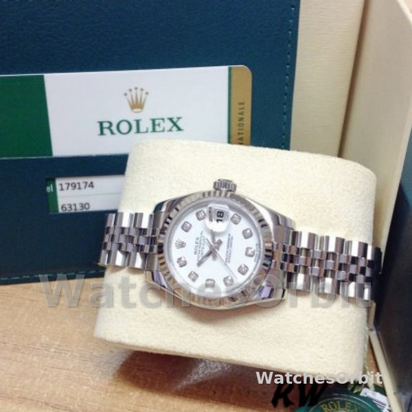Replique Rolex Datejust-179174, 26mm, cadran diamant blanc, lunette cannelée, Lady White pour femme
