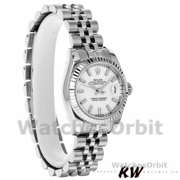 Replique Rolex Datejust-179174 pour femme, 26mm, cadran index blanc, lunette cannelée, Lady White