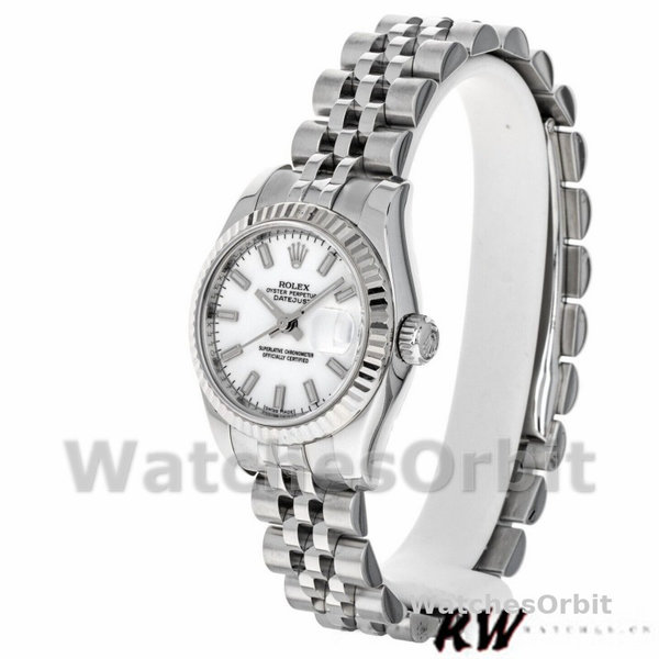 Replique Rolex Datejust-179174 pour femme, 26mm, cadran index blanc, lunette cannelée, Lady White