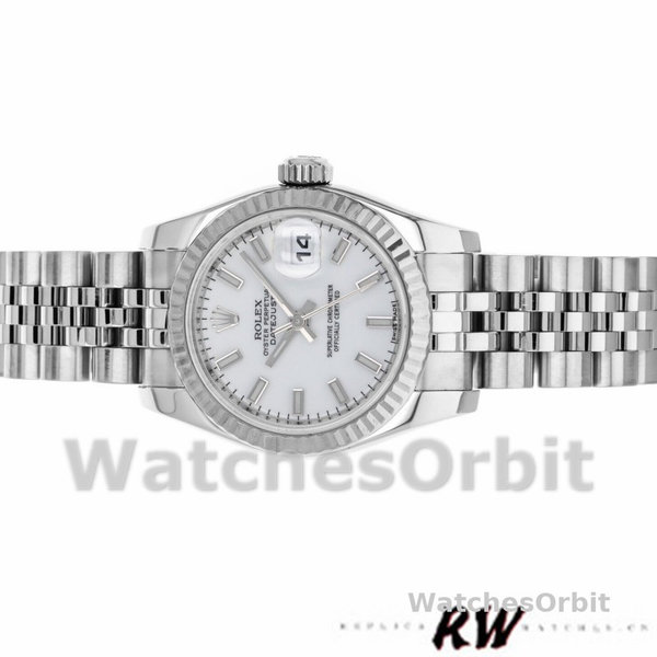 Replique Rolex Datejust-179174 pour femme, 26mm, cadran index blanc, lunette cannelée, Lady White