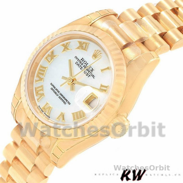 Replica Dames Rolex Datejust-179178, 26mm, Geelgoud, Parelmoer Witte Wijzerplaat, Lady MOP