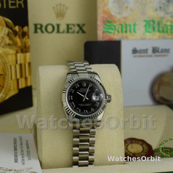 Replique Rolex Datejust-179179 pour femme, 26 mm, cadran noir à chiffres romains, lunette cannelée, Lady Black