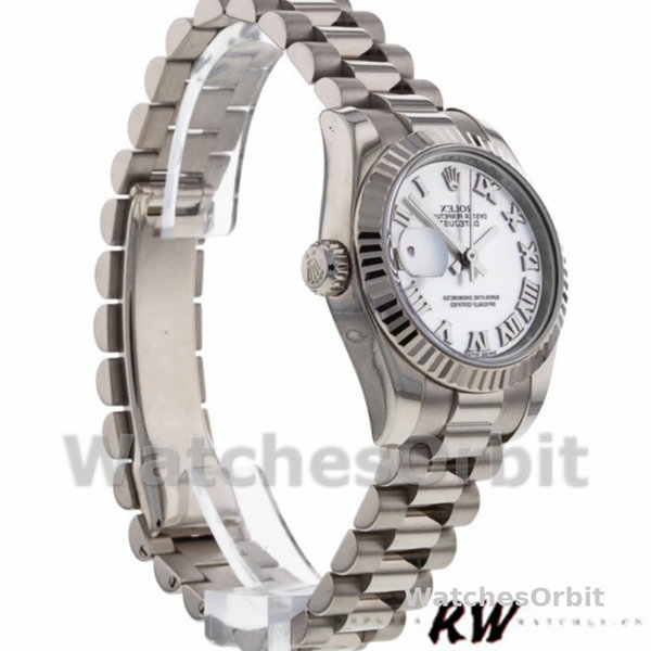 Replique Rolex Datejust-179179 pour femme, 26 mm, cadran chiffres romains blancs, lunette cannelée, Lady White