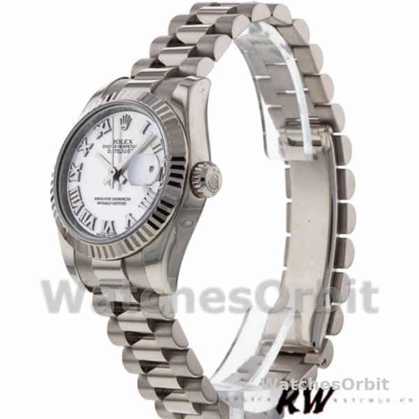 Replique Rolex Datejust-179179 pour femme, 26 mm, cadran chiffres romains blancs, lunette cannelée, Lady White