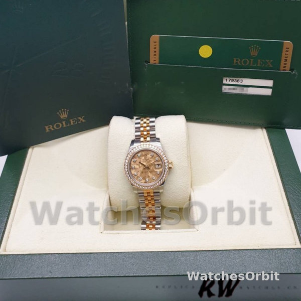 Replica Dames Rolex Datejust-179383, 26mm, Kristal Goud Stof Champagne Wijzerplaat, Lady Champagne