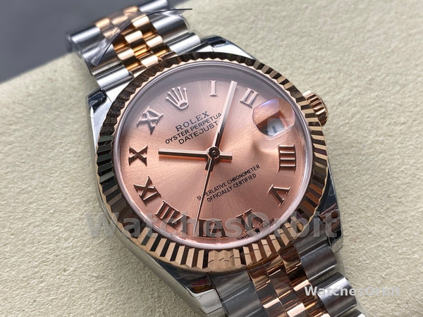 Replica Rolex Datejust-278271 donna, quadrante romano con polvere di sole, oro rosa bicolore, lunetta scanalata, oro rosa Jubilee
