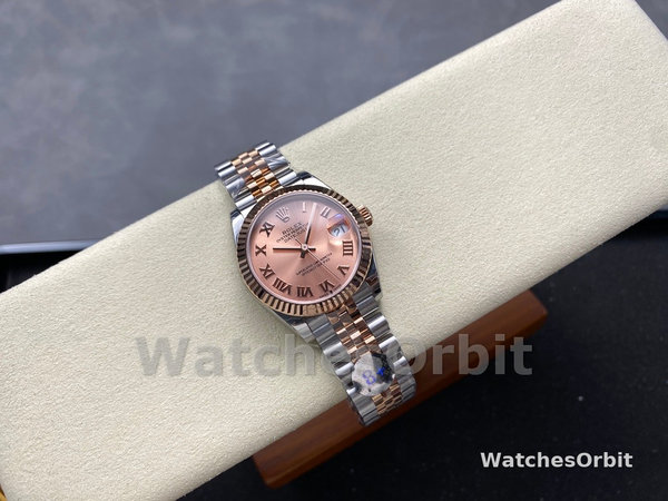 Replica Rolex Datejust-278271 donna, quadrante romano con polvere di sole, oro rosa bicolore, lunetta scanalata, oro rosa Jubilee