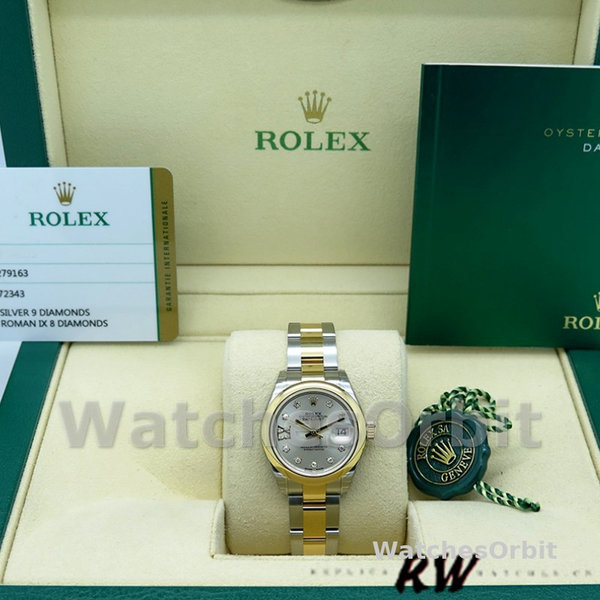 Replica Dames Rolex Datejust-279163, 28mm, Zilveren Diamanten Wijzerplaat, Domed Bezel, Dame Zilver
