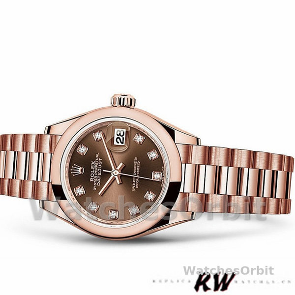 Replica Rolex Datejust-279165 donna, 28 mm, quadrante marrone cioccolato, lunetta con diamanti, Lady Chocolate Brown