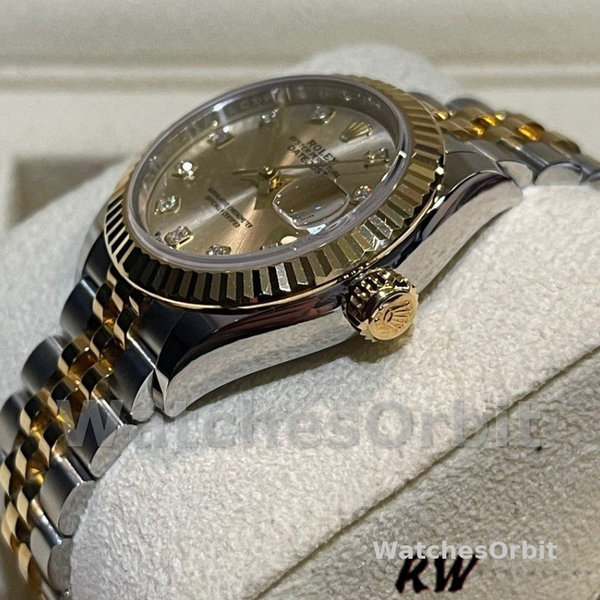 Replique Rolex Datejust-279173, 28mm, cadran diamant champagne, lunette cannelée, Lady Champagne pour femme