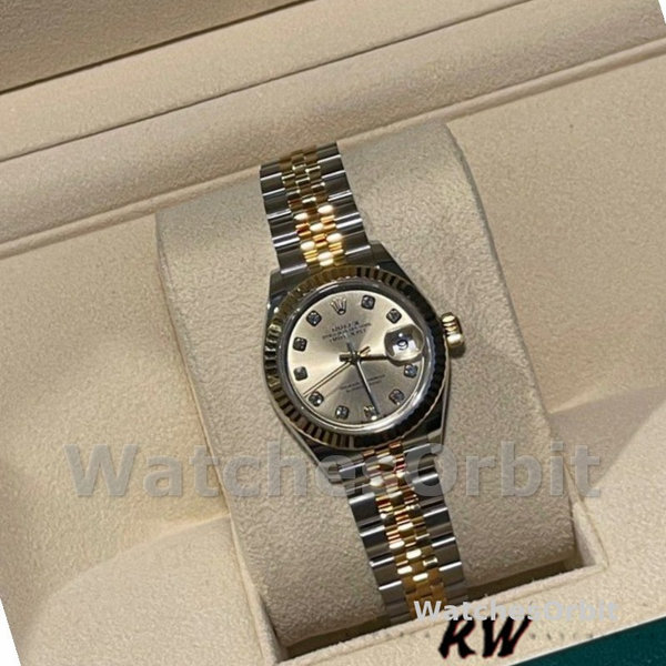 Replique Rolex Datejust-279173, 28mm, cadran diamant champagne, lunette cannelée, Lady Champagne pour femme