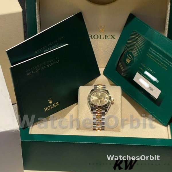 Replique Rolex Datejust-279173, 28mm, cadran diamant champagne, lunette cannelée, Lady Champagne pour femme