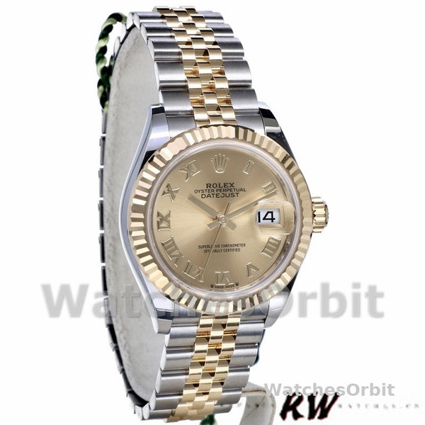 Replique Rolex Datejust-279173, 28mm, Champagne, cadran chiffres romains, lunette cannelée, Lady Champagne pour femme