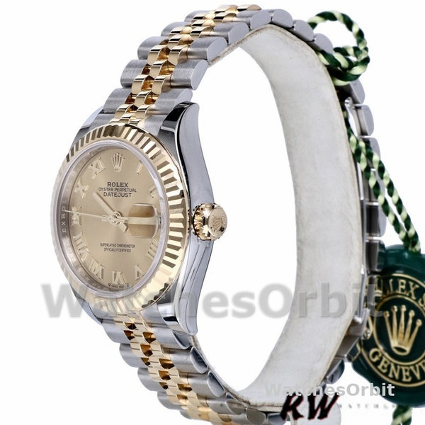 Replique Rolex Datejust-279173, 28mm, Champagne, cadran chiffres romains, lunette cannelée, Lady Champagne pour femme