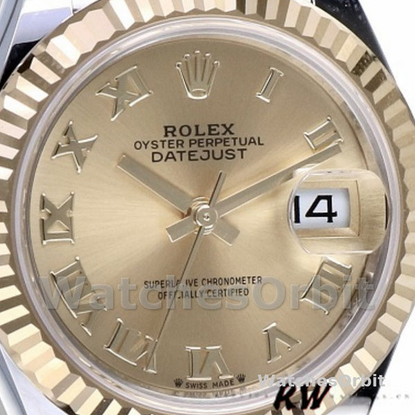 Replique Rolex Datejust-279173, 28mm, Champagne, cadran chiffres romains, lunette cannelée, Lady Champagne pour femme
