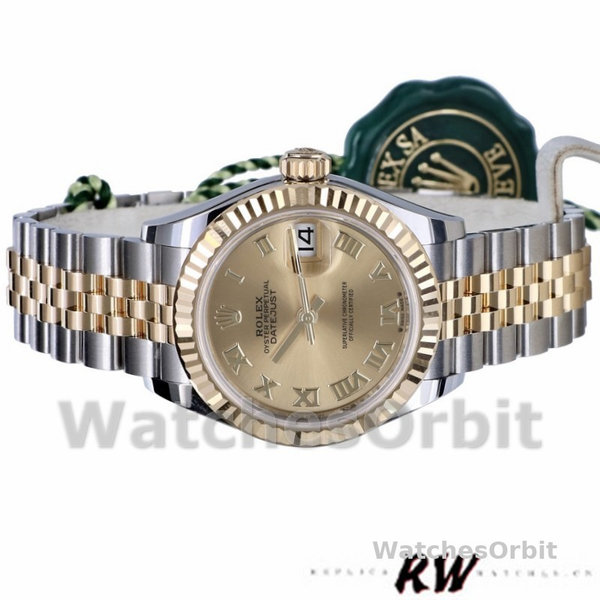 Replique Rolex Datejust-279173, 28mm, Champagne, cadran chiffres romains, lunette cannelée, Lady Champagne pour femme