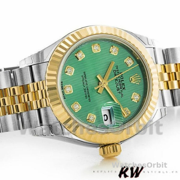 Replique Rolex Datejust-279173, 28mm, cadran diamant vert, lunette cannelée, Lady Green, pour femme