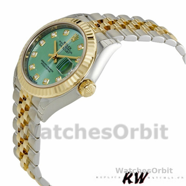 Replique Rolex Datejust-279173, 28mm, cadran diamant vert, lunette cannelée, Lady Green, pour femme