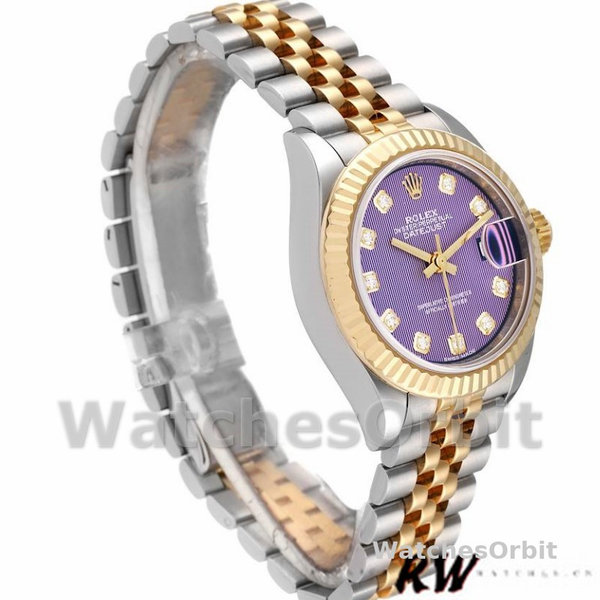 Replique Rolex Datejust-279173, 28mm, cadran diamant violet lavande, lunette cannelée, Lady Lavender Purple pour femme