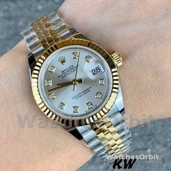 Replique Rolex Datejust-279173, 28mm, cadran argenté à diamants, lunette cannelée, Lady Silver pour femme