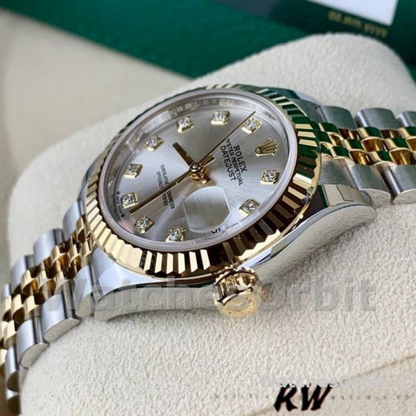 Replique Rolex Datejust-279173, 28mm, cadran argenté à diamants, lunette cannelée, Lady Silver pour femme