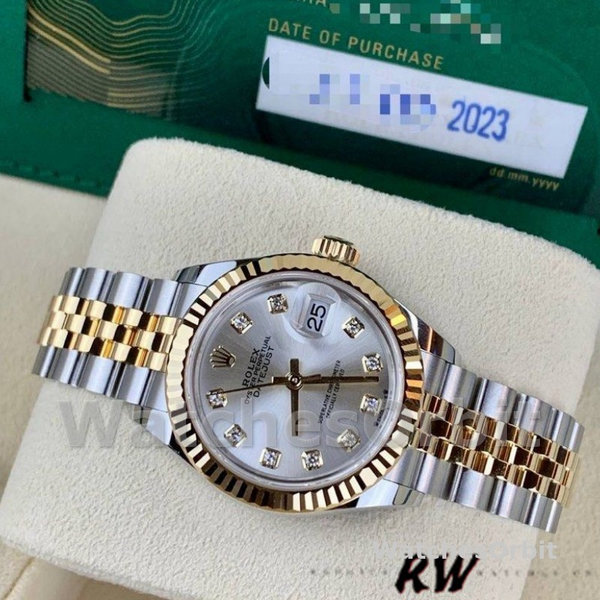 Replique Rolex Datejust-279173, 28mm, cadran argenté à diamants, lunette cannelée, Lady Silver pour femme