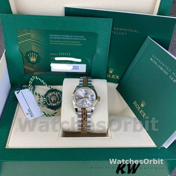 Replique Rolex Datejust-279173, 28mm, cadran argenté à diamants, lunette cannelée, Lady Silver pour femme
