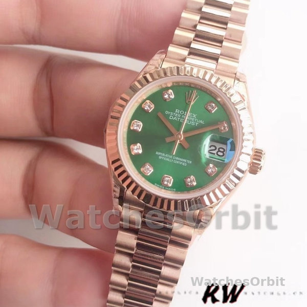 Replica Dames Rolex Datejust-279175, 28mm, Olijfgroen, Diamanten wijzerplaat, Geribbelde ring, Dame Olijfgroen