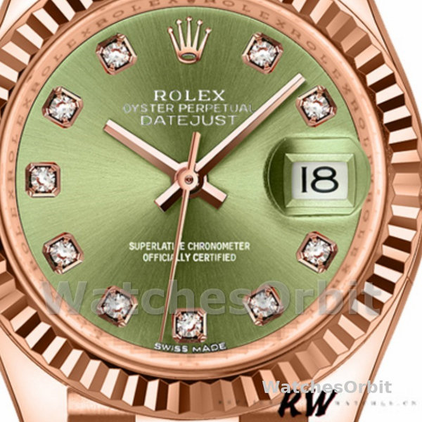 Replica Dames Rolex Datejust-279175, 28mm, Olijfgroen, Diamanten wijzerplaat, Geribbelde ring, Dame Olijfgroen
