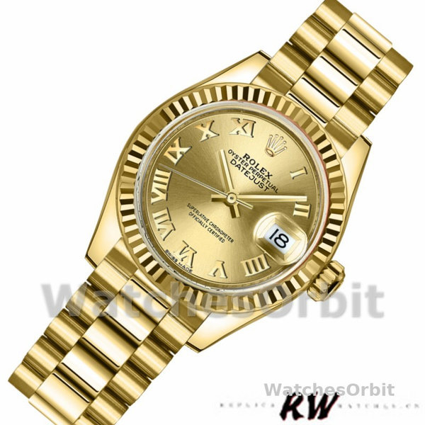 Women's Rolex Datejust 279178-28mm, Champagne Roman Dial, Fluted Bezel, Lady Champagne