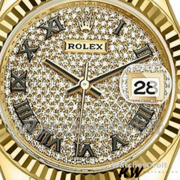 Replique Rolex Datejust-279178, 28mm, or jaune, cadran pavé de diamants, lunette cannelée, Lady pavé de diamants, pour femme