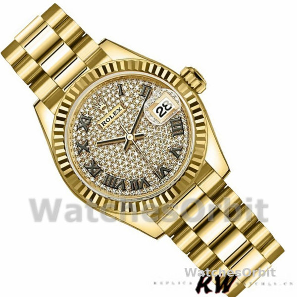 Replique Rolex Datejust-279178, 28mm, or jaune, cadran pavé de diamants, lunette cannelée, Lady pavé de diamants, pour femme