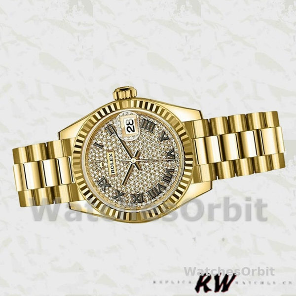 Replique Rolex Datejust-279178, 28mm, or jaune, cadran pavé de diamants, lunette cannelée, Lady pavé de diamants, pour femme