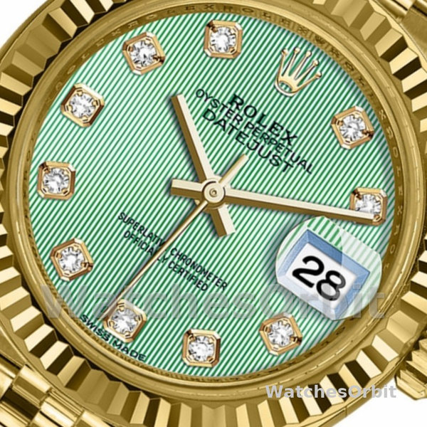 Replique Rolex Datejust-279178 pour femme, 28 mm, or jaune, cadran vert menthe avec diamants, Lady Mint Green