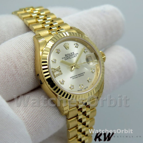 Replica Dames Rolex Datejust-279178, 28mm, Zilveren wijzerplaat, Diamant, Geelgoud, Lady Silver