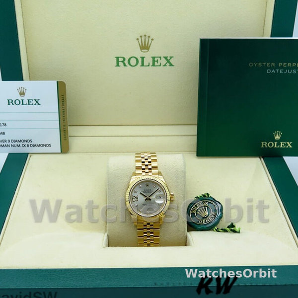 Replica Dames Rolex Datejust-279178, 28mm, Zilveren wijzerplaat, Diamant, Geelgoud, Lady Silver