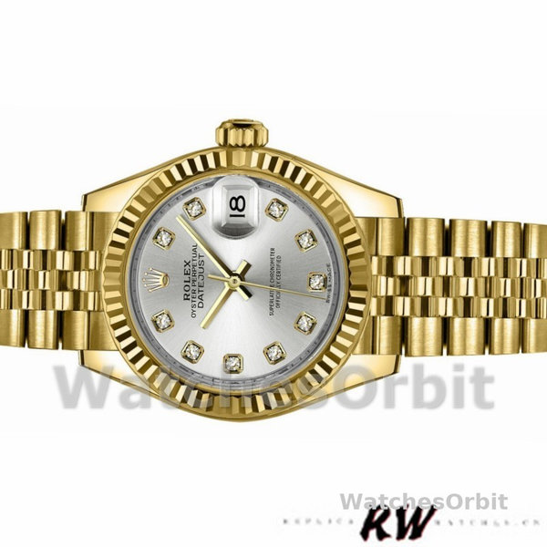Replica Dames Rolex Datejust 279178-28mm, Geelgoud, Zilveren Diamanten Wijzerplaat, Lady Silver