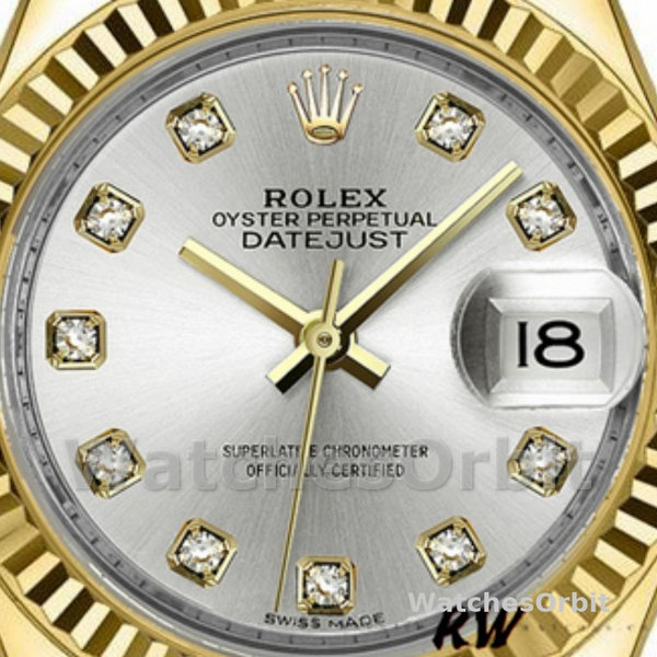 Women's Rolex Datejust-279178, 28mm, Yellow Gold, Silver Diamond Mark Dial, Fluted Bezel, Lady Silver